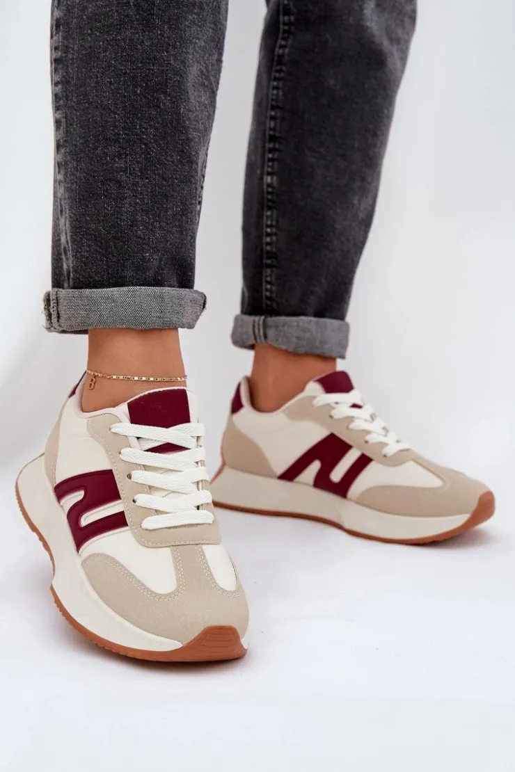 Damskie Boto Buty Sportowe Damskie Na Platformie Beżowo-Bordowe Emidi