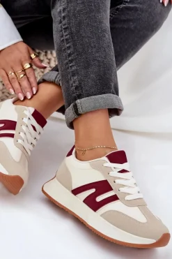 Damskie Boto Buty Sportowe Damskie Na Platformie Beżowo-Bordowe Emidi