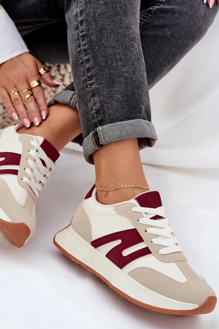 Damskie Boto Buty Sportowe Damskie Na Platformie Beżowo-Bordowe Emidi