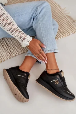 Damskie Boto Buty Sportowe Damskie Ocieplane Futerkiem Na Platformie Czarne Lerisas