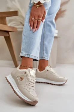 Boto Sneakersy Damskie*Buty Sportowe Damskie Ocieplane Futerkiem Na Platformie Jasnobeżowe Lerisas