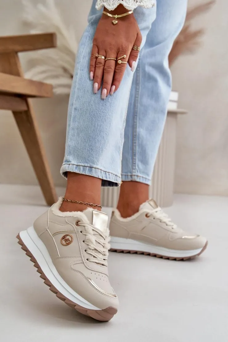Boto Sneakersy Damskie*Buty Sportowe Damskie Ocieplane Futerkiem Na Platformie Jasnobeżowe Lerisas