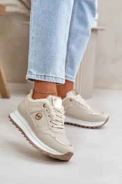 Boto Sneakersy Damskie*Buty Sportowe Damskie Ocieplane Futerkiem Na Platformie Jasnobeżowe Lerisas