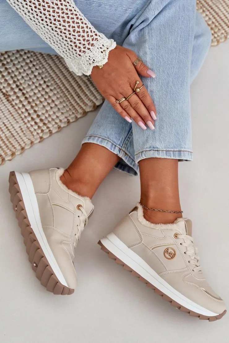 Boto Sneakersy Damskie*Buty Sportowe Damskie Ocieplane Futerkiem Na Platformie Jasnobeżowe Lerisas