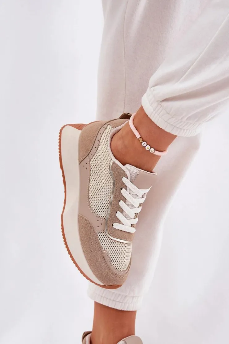 Boto Buty Sportowe Na Platformie|Sneakersy Damskie*Buty Sportowe Damskie Z Siateczką Na Platformie Khaki Poova Beżowy
