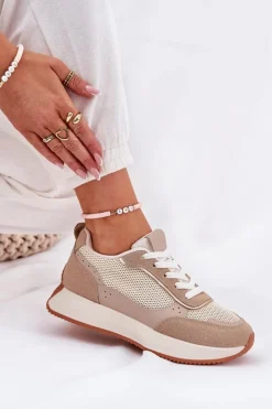 Boto Buty Sportowe Na Platformie|Sneakersy Damskie*Buty Sportowe Damskie Z Siateczką Na Platformie Khaki Poova Beżowy