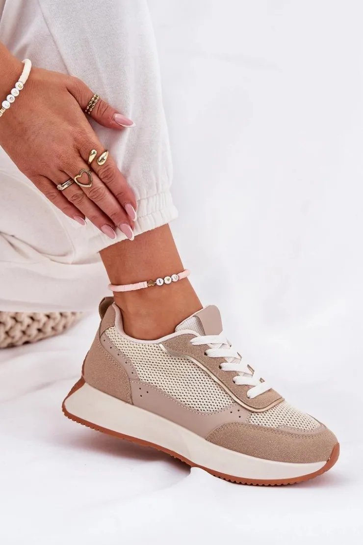 Boto Buty Sportowe Na Platformie|Sneakersy Damskie*Buty Sportowe Damskie Z Siateczką Na Platformie Khaki Poova Beżowy