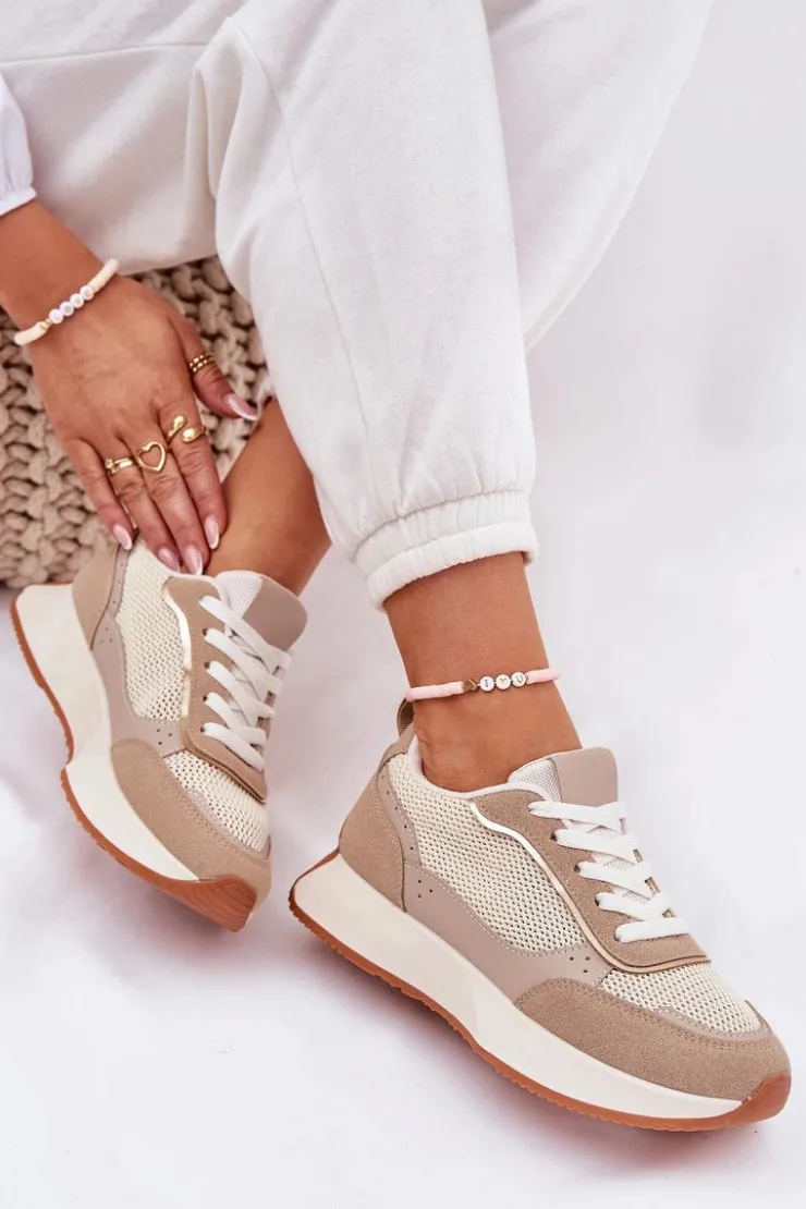 Boto Buty Sportowe Na Platformie|Sneakersy Damskie*Buty Sportowe Damskie Z Siateczką Na Platformie Khaki Poova Beżowy
