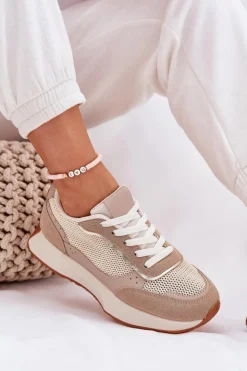 Boto Buty Sportowe Na Platformie|Sneakersy Damskie*Buty Sportowe Damskie Z Siateczką Na Platformie Khaki Poova Beżowy