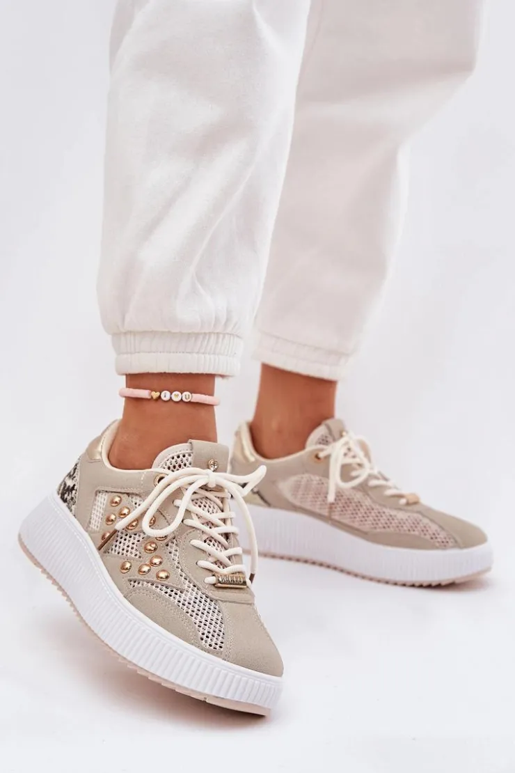 Damskie Boto Buty Sportowe Damskie Z Siateczką I Ćwiekami Beżowe Ogalda