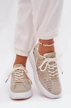 Damskie Boto Buty Sportowe Damskie Z Siateczką I Ćwiekami Beżowe Ogalda