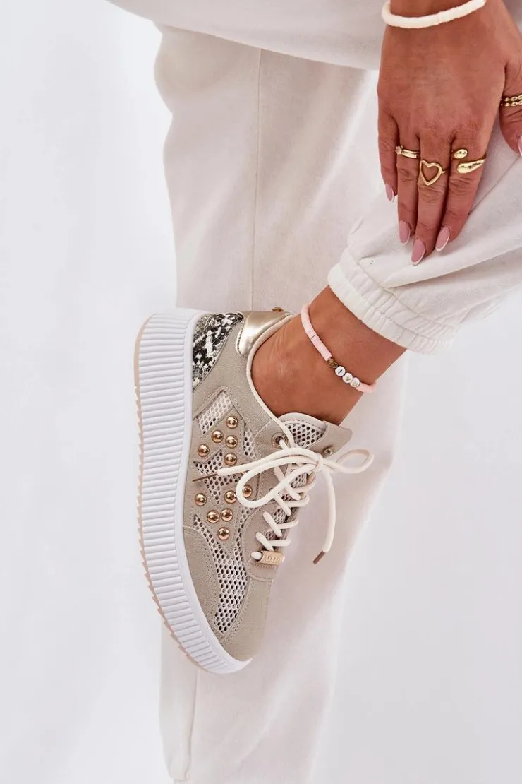 Damskie Boto Buty Sportowe Damskie Z Siateczką I Ćwiekami Beżowe Ogalda