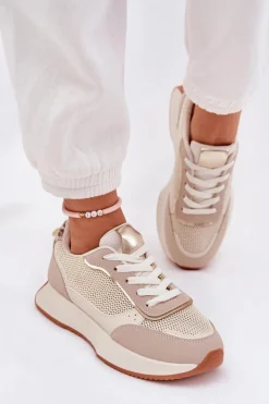 Damskie Boto Buty Sportowe Damskie Z Siateczką Na Platformie Beżowe Poova