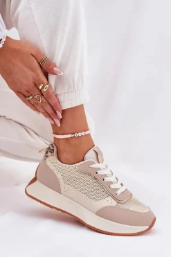 Damskie Boto Buty Sportowe Damskie Z Siateczką Na Platformie Beżowe Poova
