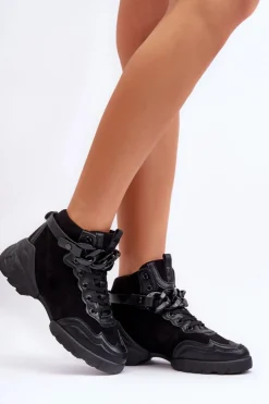 Damskie Boto Buty Sportowe Damskie Zamszowe Z Łańcuchem Czarne Tymagio