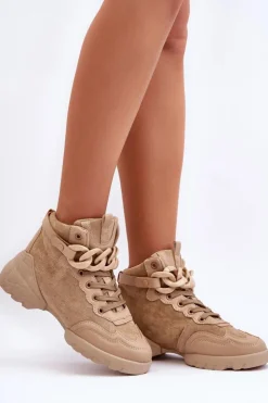 Boto Buty Sportowe Damskie Zamszowe Z Łańcuchem Ciemnobeżowe Tymagio