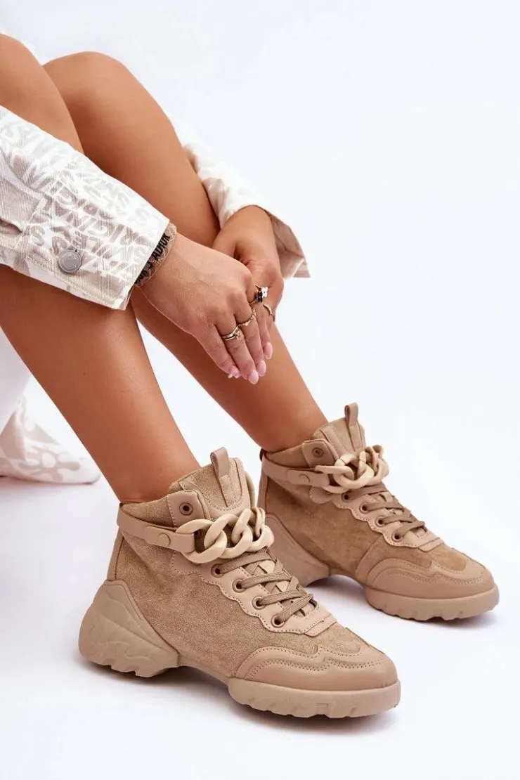 Boto Buty Sportowe Damskie Zamszowe Z Łańcuchem Ciemnobeżowe Tymagio