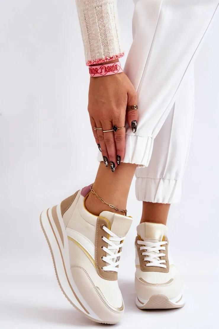 Boto Sneakersy Damskie*Buty Sportowe Na Koturnie Beżowe Hermain
