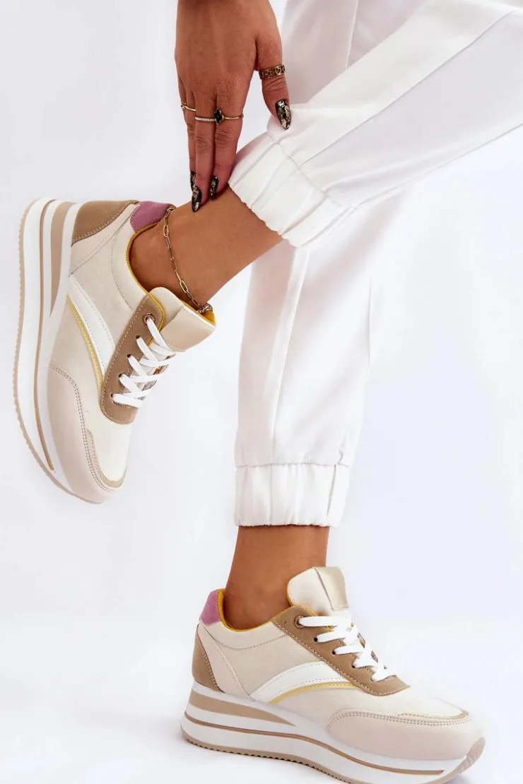 Boto Sneakersy Damskie*Buty Sportowe Na Koturnie Beżowe Hermain