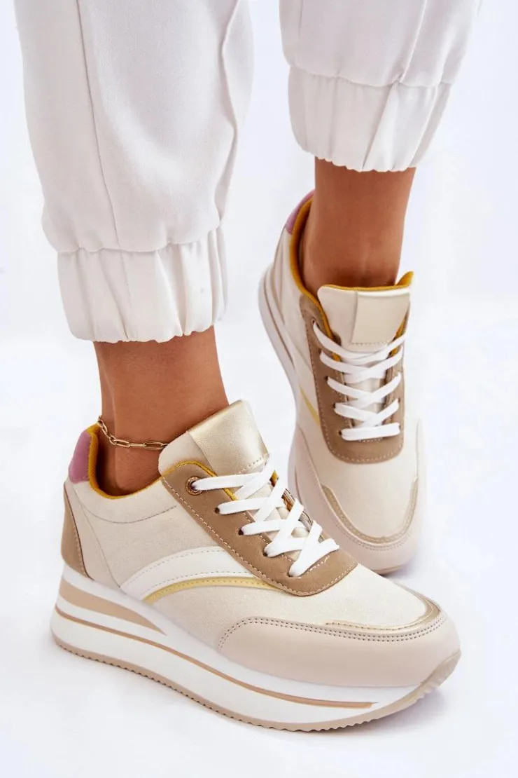 Boto Sneakersy Damskie*Buty Sportowe Na Koturnie Beżowe Hermain