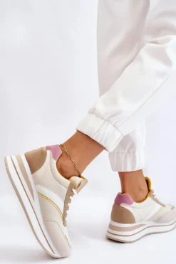 Boto Sneakersy Damskie*Buty Sportowe Na Koturnie Beżowe Hermain