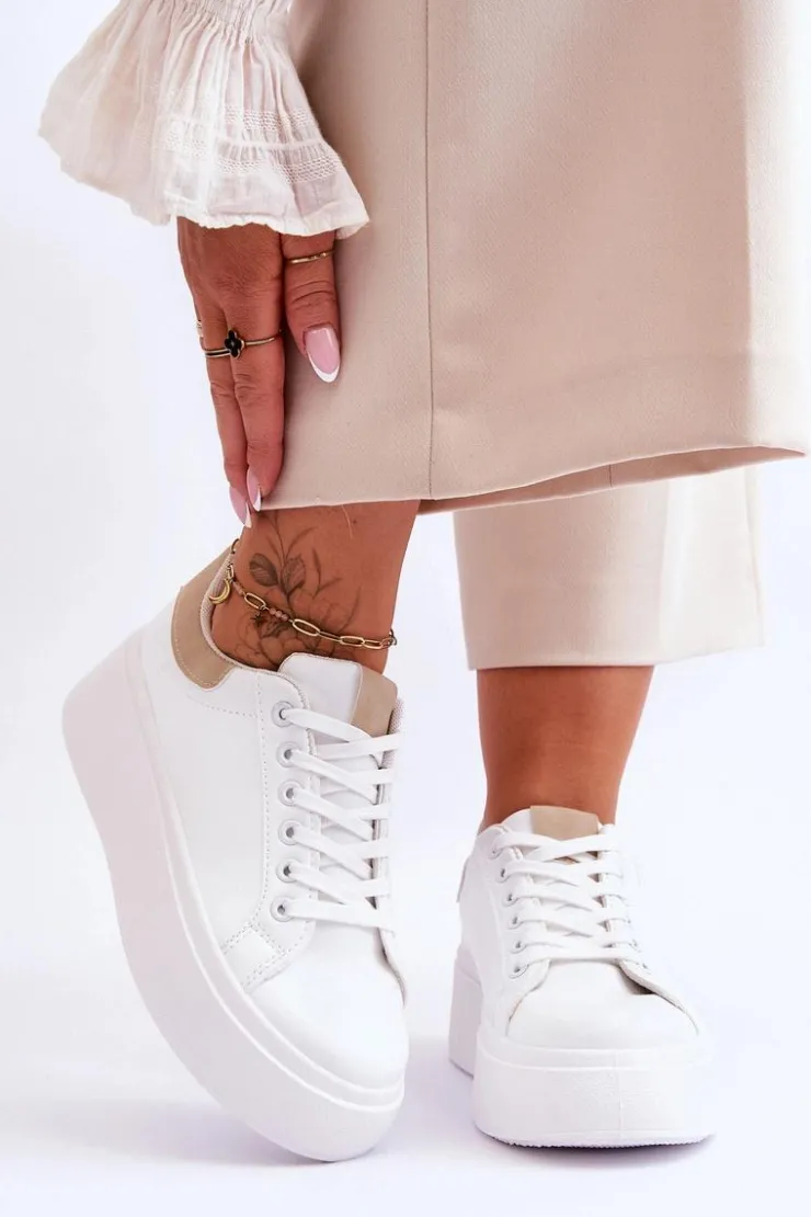 Damskie Boto Buty Sportowe Na Masywnej Platformie Biało-Beżowe Boneti