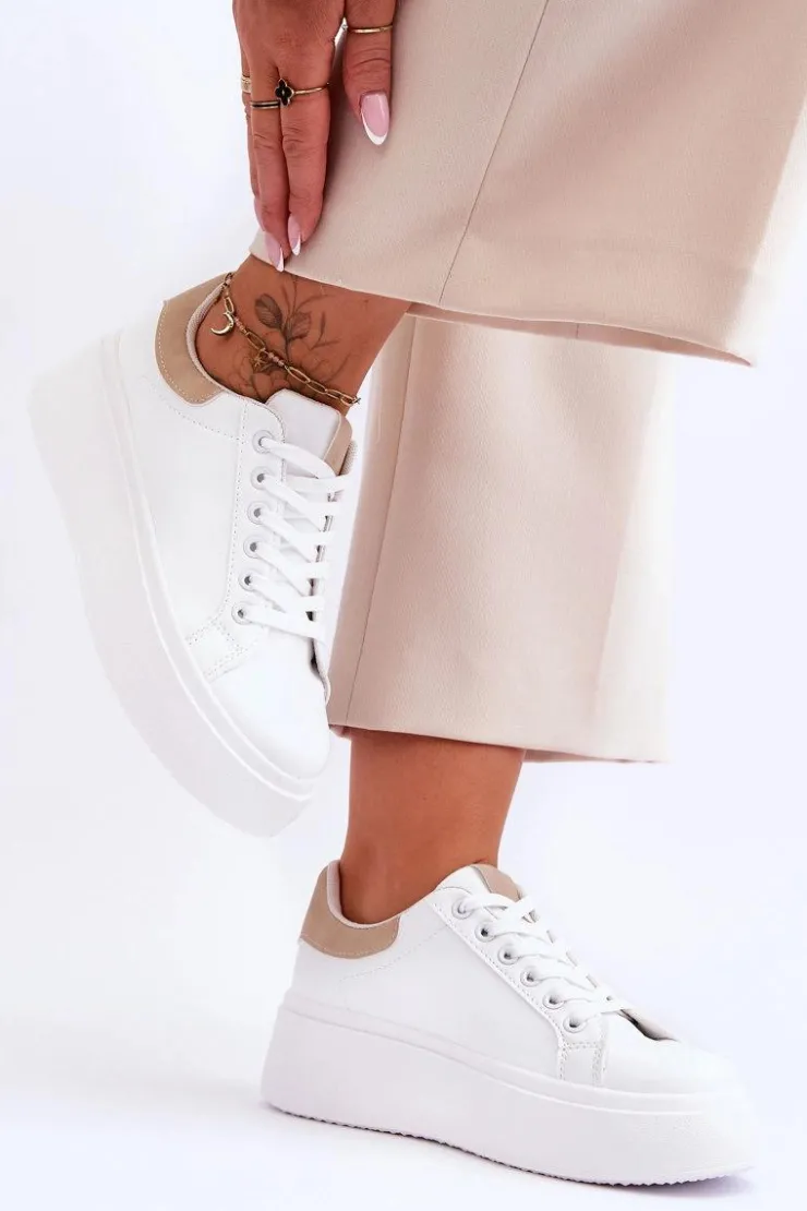 Damskie Boto Buty Sportowe Na Masywnej Platformie Biało-Beżowe Boneti