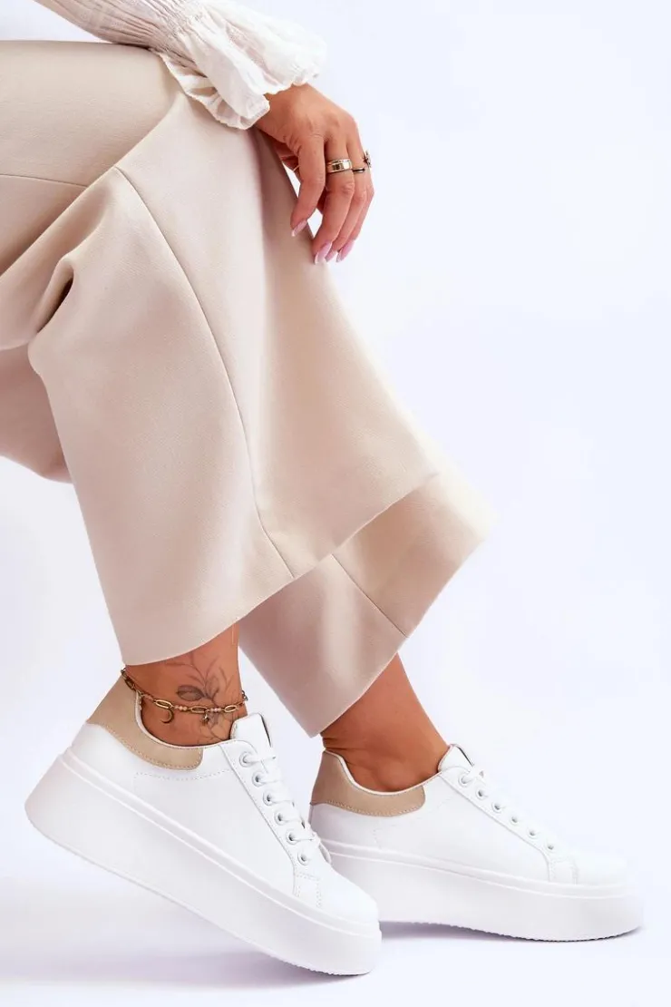 Damskie Boto Buty Sportowe Na Masywnej Platformie Biało-Beżowe Boneti