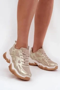 Clearance Big Star Shoes Buty Sportowe Sneakersy Damskie Big Star SS274014 HI-POLY SYSTEM Beżowo-Złote