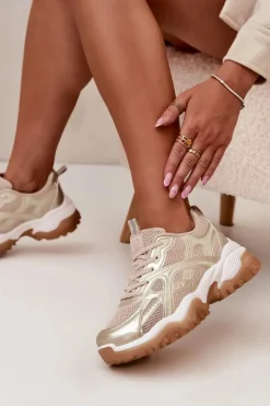 Clearance Big Star Shoes Buty Sportowe Sneakersy Damskie Big Star SS274014 HI-POLY SYSTEM Beżowo-Złote