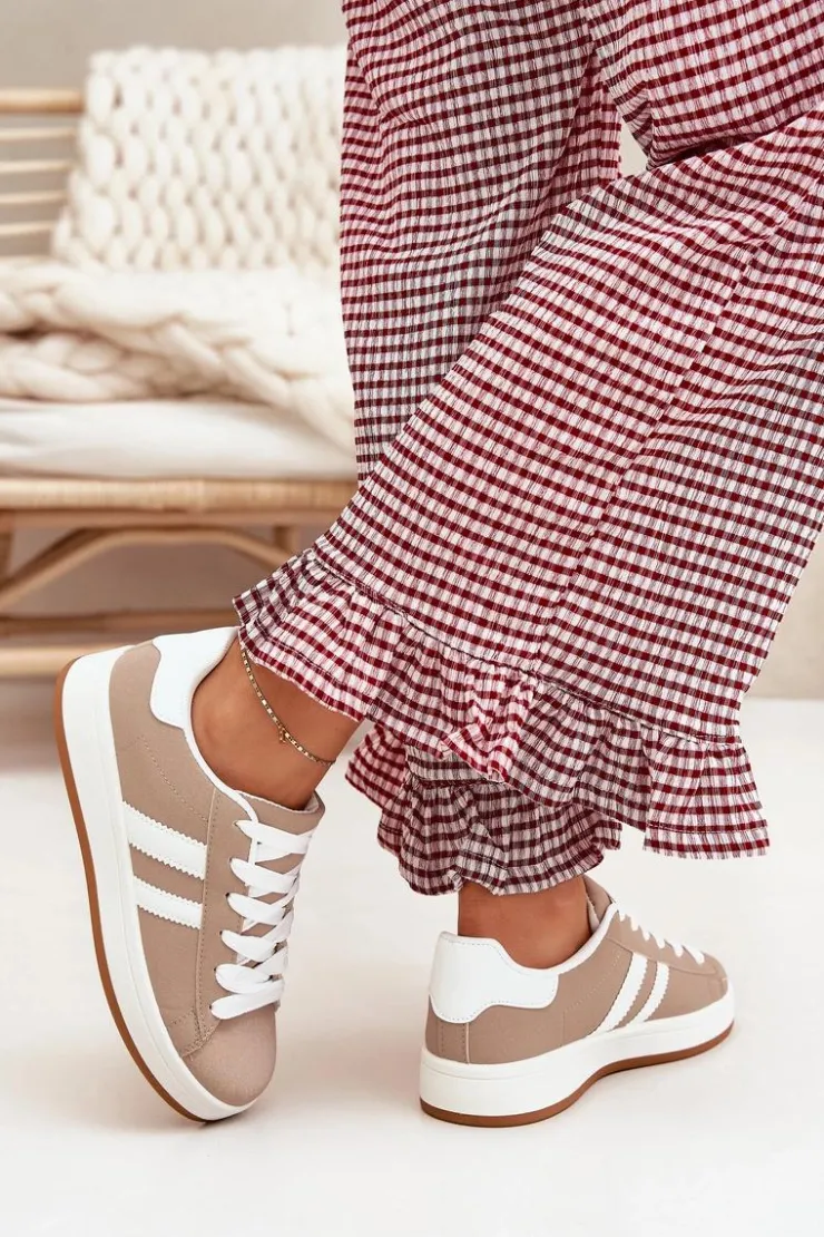 Boto Sneakersy Damskie*Buty Sportowe Sneakersy Damskie Z Eko Skóry Ciemnobeżowe Ravina