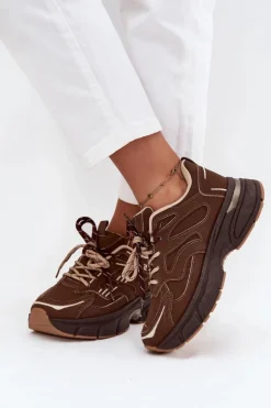 Boto Sneakersy Damskie*Buty Sportowe Sneakersy Damskie Z Podwójnym Sznurowaniem Czekoladowe Annelie