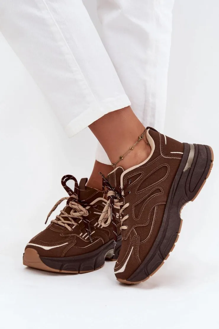 Boto Sneakersy Damskie*Buty Sportowe Sneakersy Damskie Z Podwójnym Sznurowaniem Czekoladowe Annelie