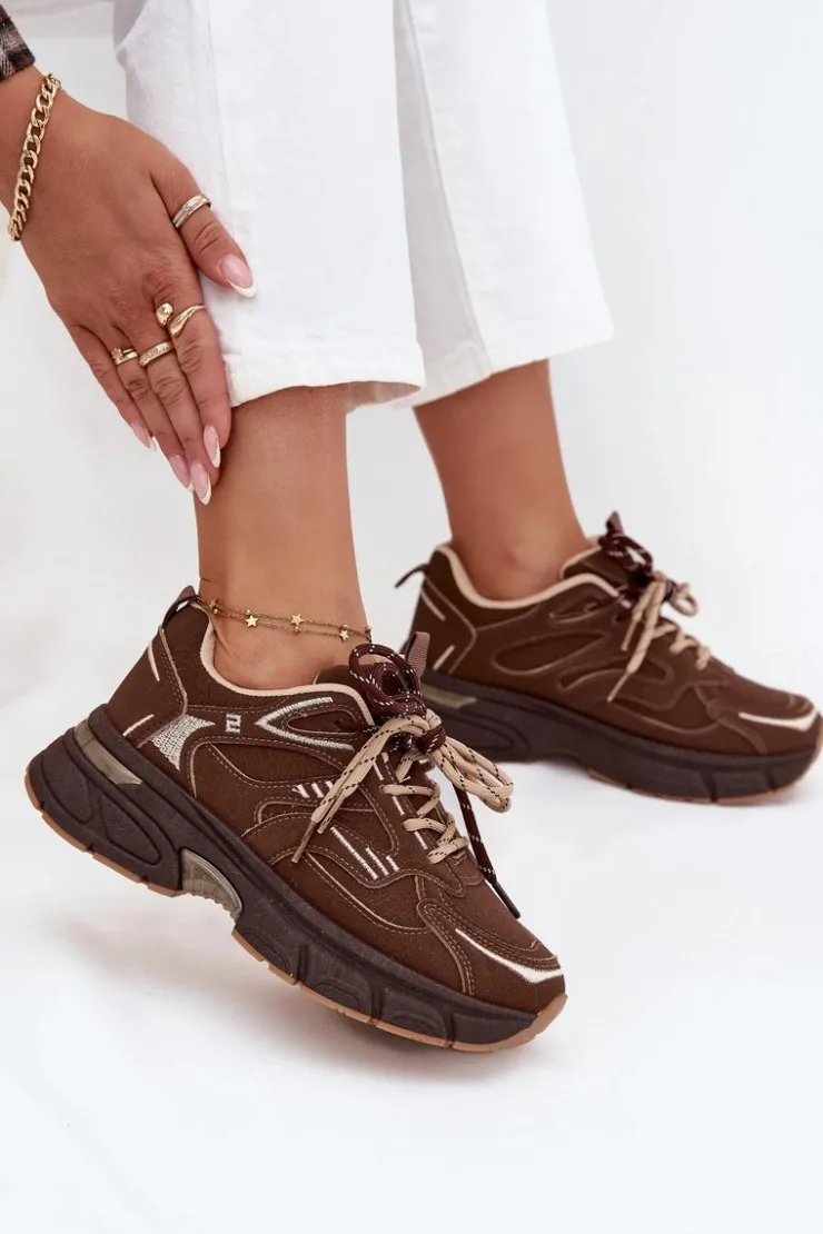 Boto Sneakersy Damskie*Buty Sportowe Sneakersy Damskie Z Podwójnym Sznurowaniem Czekoladowe Annelie