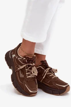 Boto Sneakersy Damskie*Buty Sportowe Sneakersy Damskie Z Podwójnym Sznurowaniem Czekoladowe Annelie