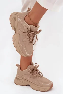 Boto Buty Sportowe Sneakersy Damskie Z Podwójnym Sznurowaniem Beżowe Annelie Beżowy