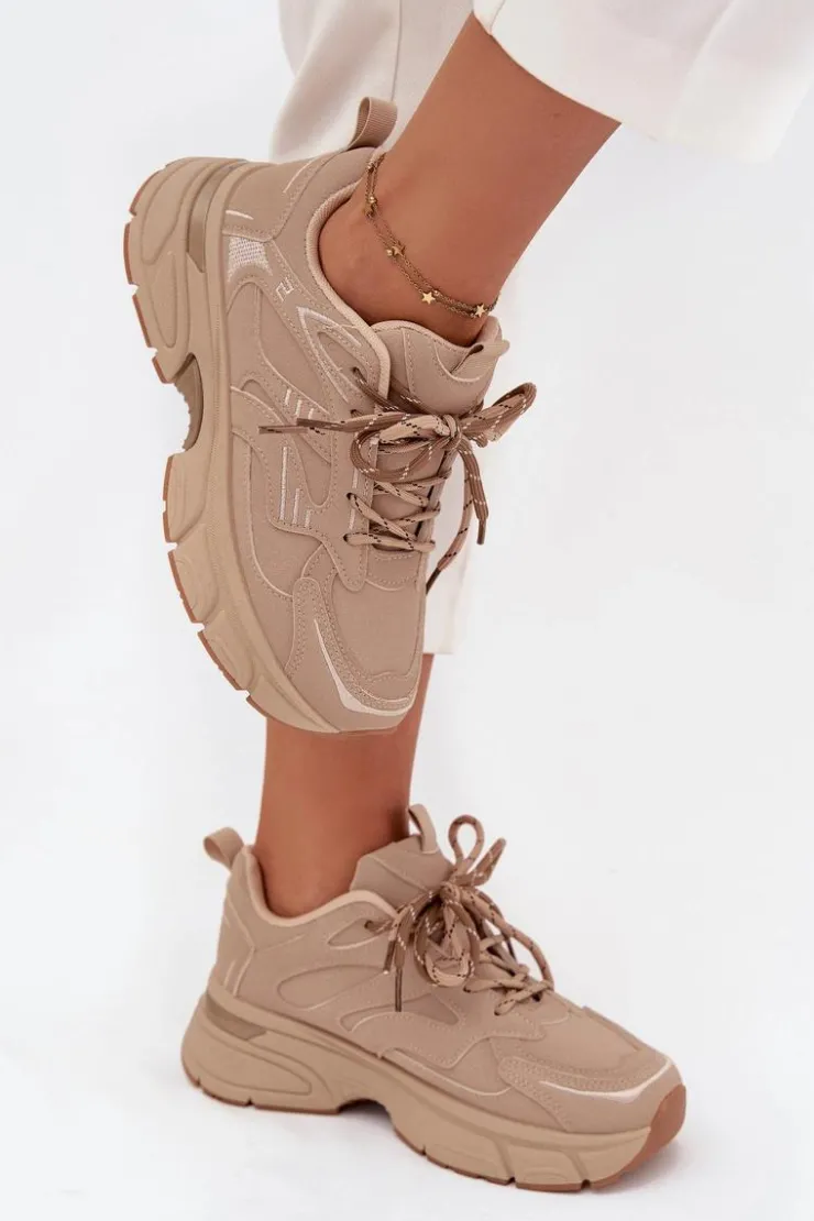 Boto Buty Sportowe Sneakersy Damskie Z Podwójnym Sznurowaniem Beżowe Annelie Beżowy