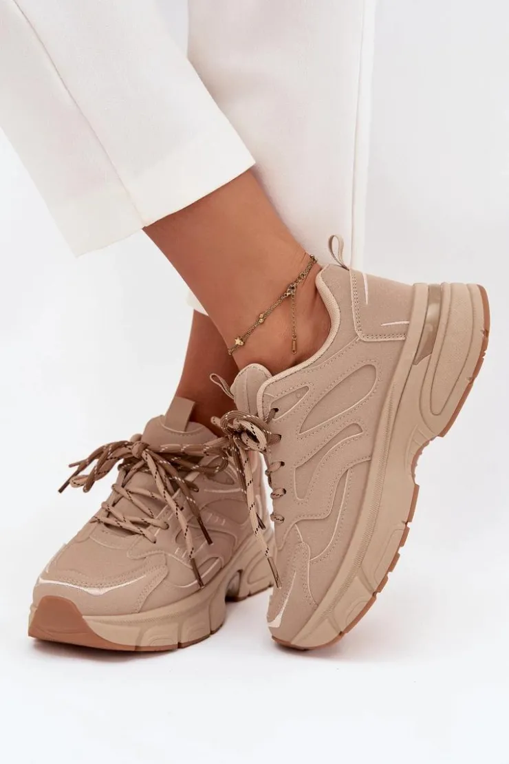 Boto Buty Sportowe Sneakersy Damskie Z Podwójnym Sznurowaniem Beżowe Annelie Beżowy