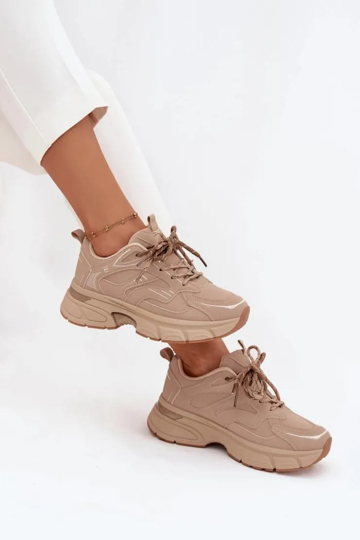 Boto Buty Sportowe Sneakersy Damskie Z Podwójnym Sznurowaniem Beżowe Annelie Beżowy