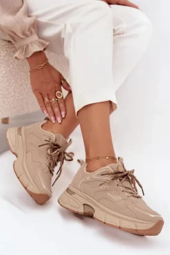 Boto Buty Sportowe Sneakersy Damskie Z Podwójnym Sznurowaniem Beżowe Annelie Beżowy