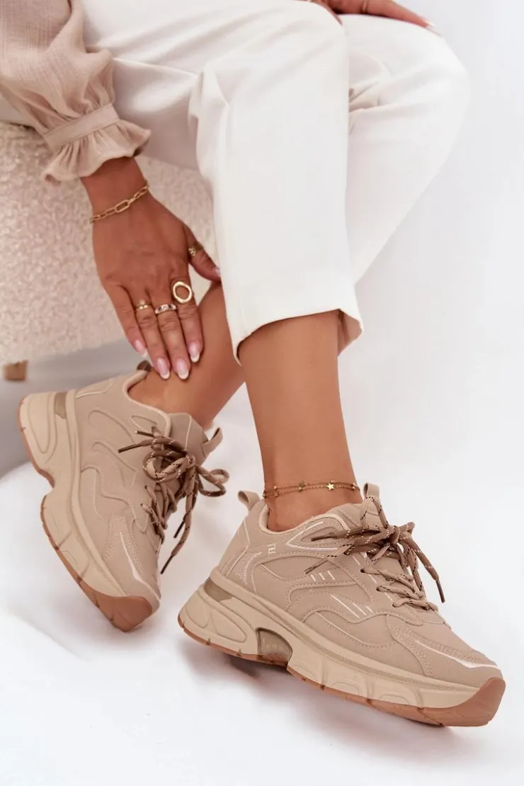 Boto Buty Sportowe Sneakersy Damskie Z Podwójnym Sznurowaniem Beżowe Annelie Beżowy