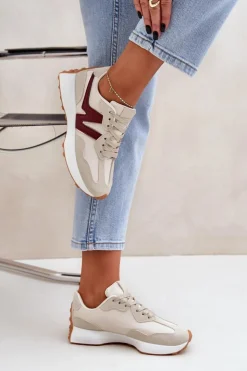Boto Sneakersy Damskie*Buty Sportowe Sneakersy Damskie Beżowo-Bordowe Britma Beżowy