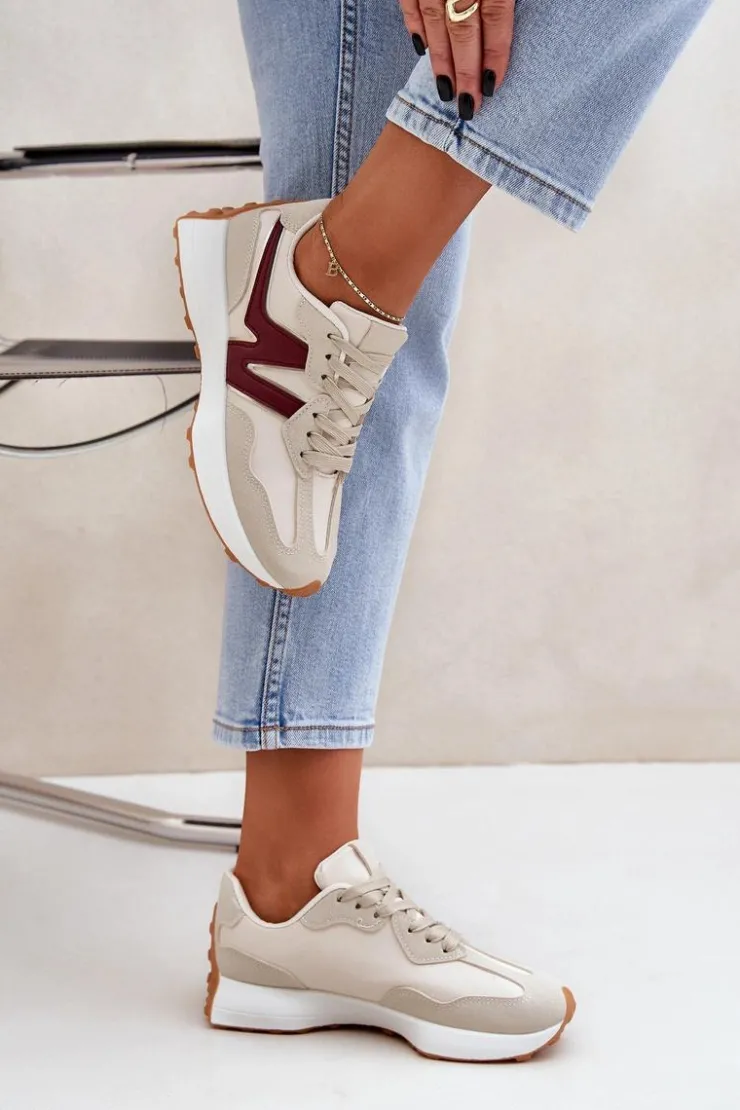 Boto Sneakersy Damskie*Buty Sportowe Sneakersy Damskie Beżowo-Bordowe Britma Beżowy