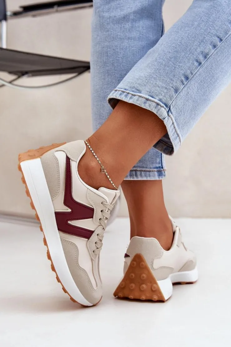 Boto Sneakersy Damskie*Buty Sportowe Sneakersy Damskie Beżowo-Bordowe Britma Beżowy