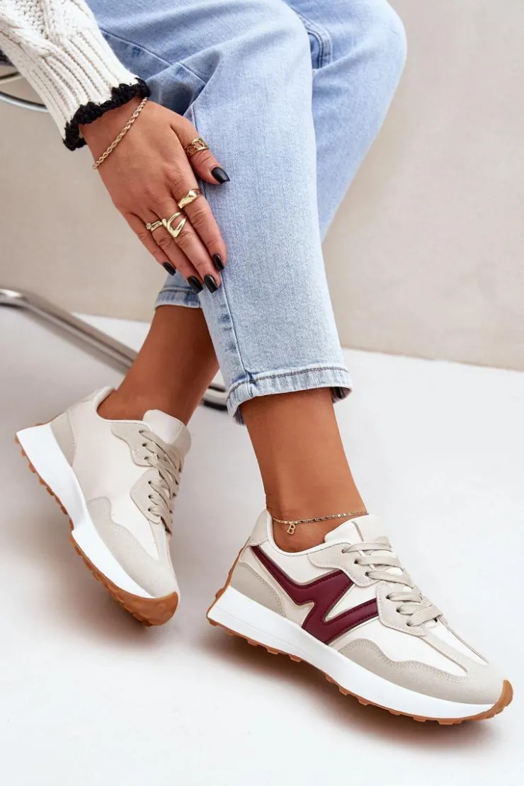 Boto Sneakersy Damskie*Buty Sportowe Sneakersy Damskie Beżowo-Bordowe Britma Beżowy