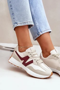 Boto Sneakersy Damskie*Buty Sportowe Sneakersy Damskie Beżowo-Bordowe Britma Beżowy