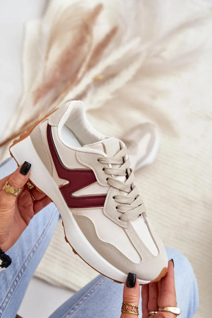 Boto Sneakersy Damskie*Buty Sportowe Sneakersy Damskie Beżowo-Bordowe Britma Beżowy