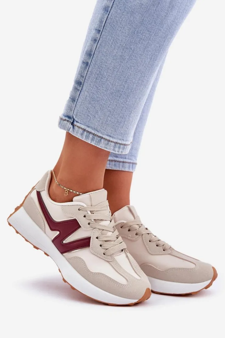 Boto Sneakersy Damskie*Buty Sportowe Sneakersy Damskie Beżowo-Bordowe Britma Beżowy