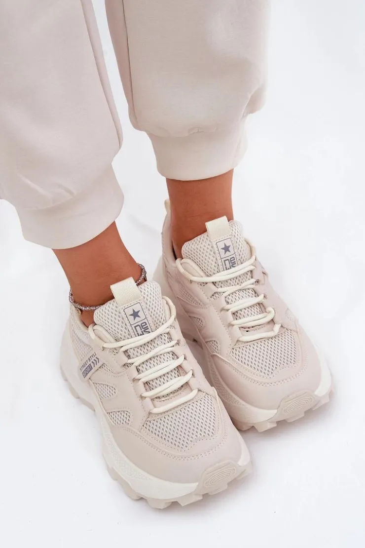 Boto Sneakersy Damskie*Buty Sportowe Sneakersy Damskie Na Grubej Podeszwie Beżowe Prononice Beżowy
