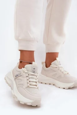 Boto Sneakersy Damskie*Buty Sportowe Sneakersy Damskie Na Grubej Podeszwie Beżowe Prononice Beżowy